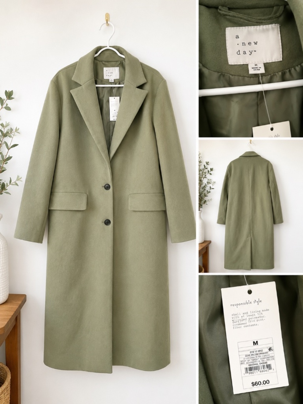 NWT A New Day Olive Green Long Coat Jacket Size Medium